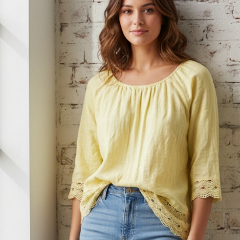 J.Crew 100% Linen Yellow Lace Trim Top Blouse XS